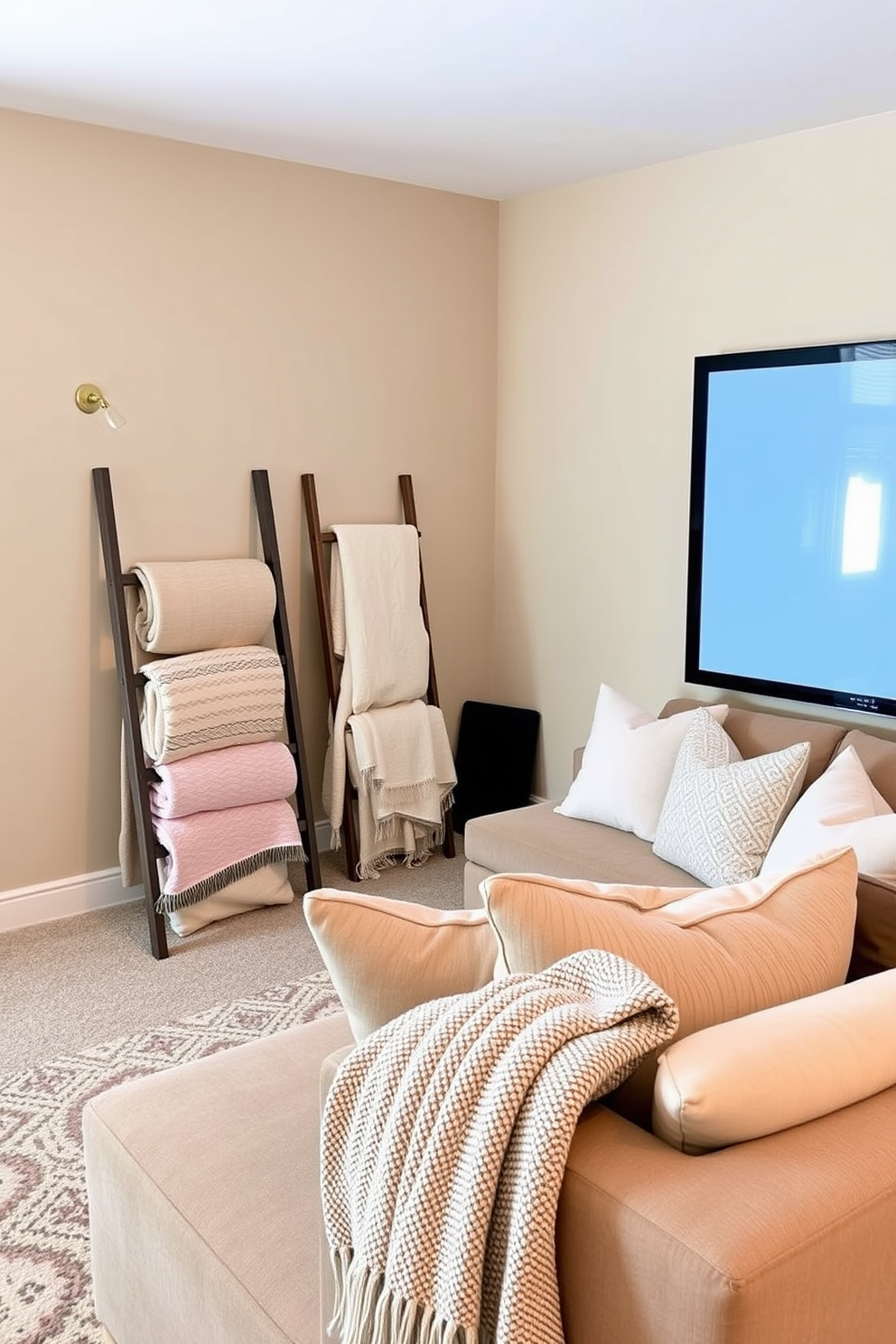 A cozy home theater setting designed for spring. The room features a plush sectional sofa adorned with pastel-colored cushions, and a large screen mounted on the wall for movie nights. In one corner, a stylish blanket ladder leans against the wall, showcasing a variety of soft throws in light fabrics. The walls are painted in a warm beige, complemented by decorative wall sconces that provide soft lighting for a relaxing ambiance.