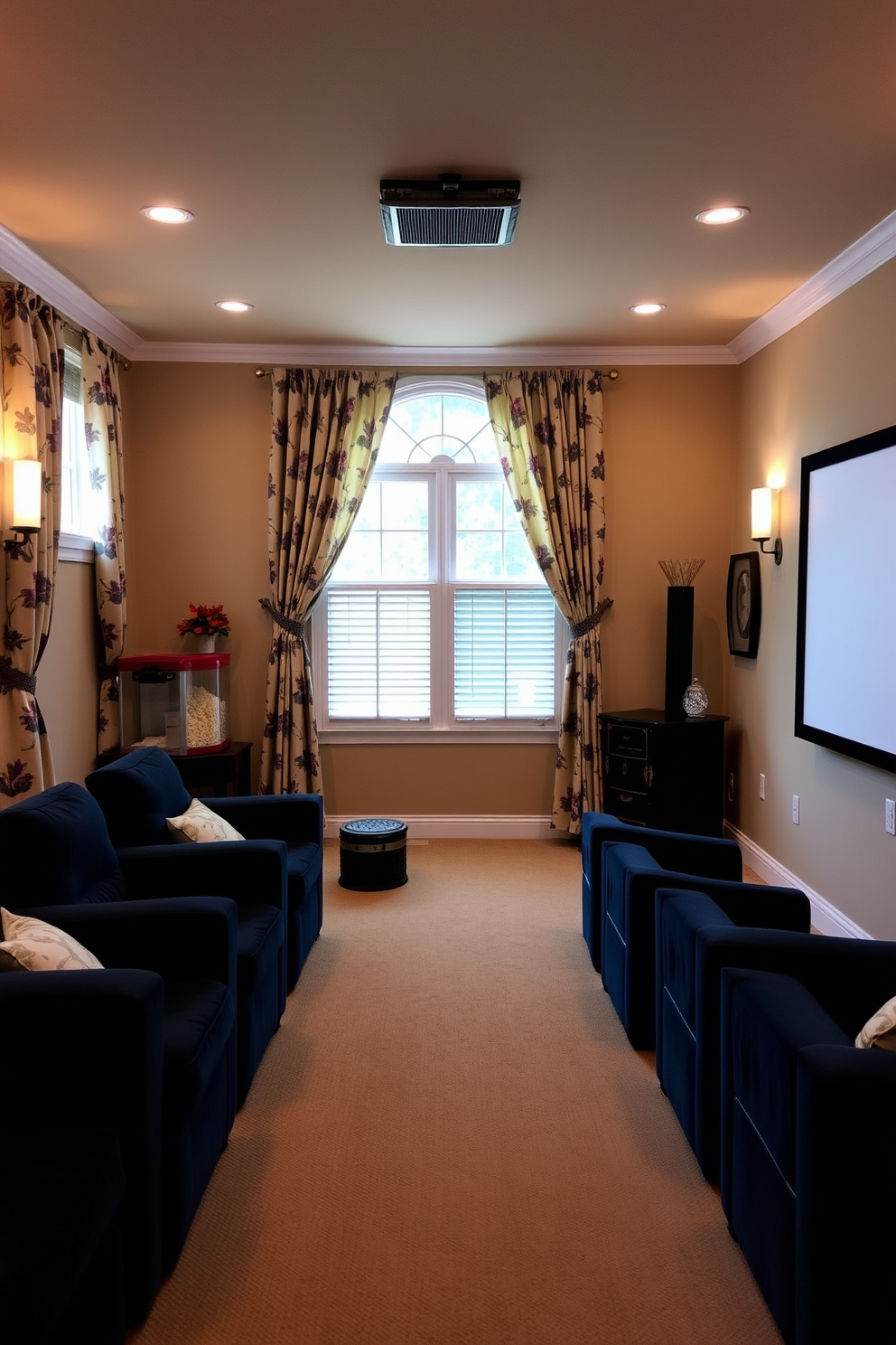 A cozy home theater with floral curtains that gracefully frame the windows, allowing natural light to filter in softly. The walls are painted in a warm beige, and plush seating in rich navy blue invites relaxation and enjoyment of the cinematic experience. Decorative accents such as a vintage popcorn machine add charm, while a large screen is mounted on the opposite wall for an immersive viewing experience. Ambient lighting fixtures create a welcoming atmosphere, perfect for movie nights with family and friends.