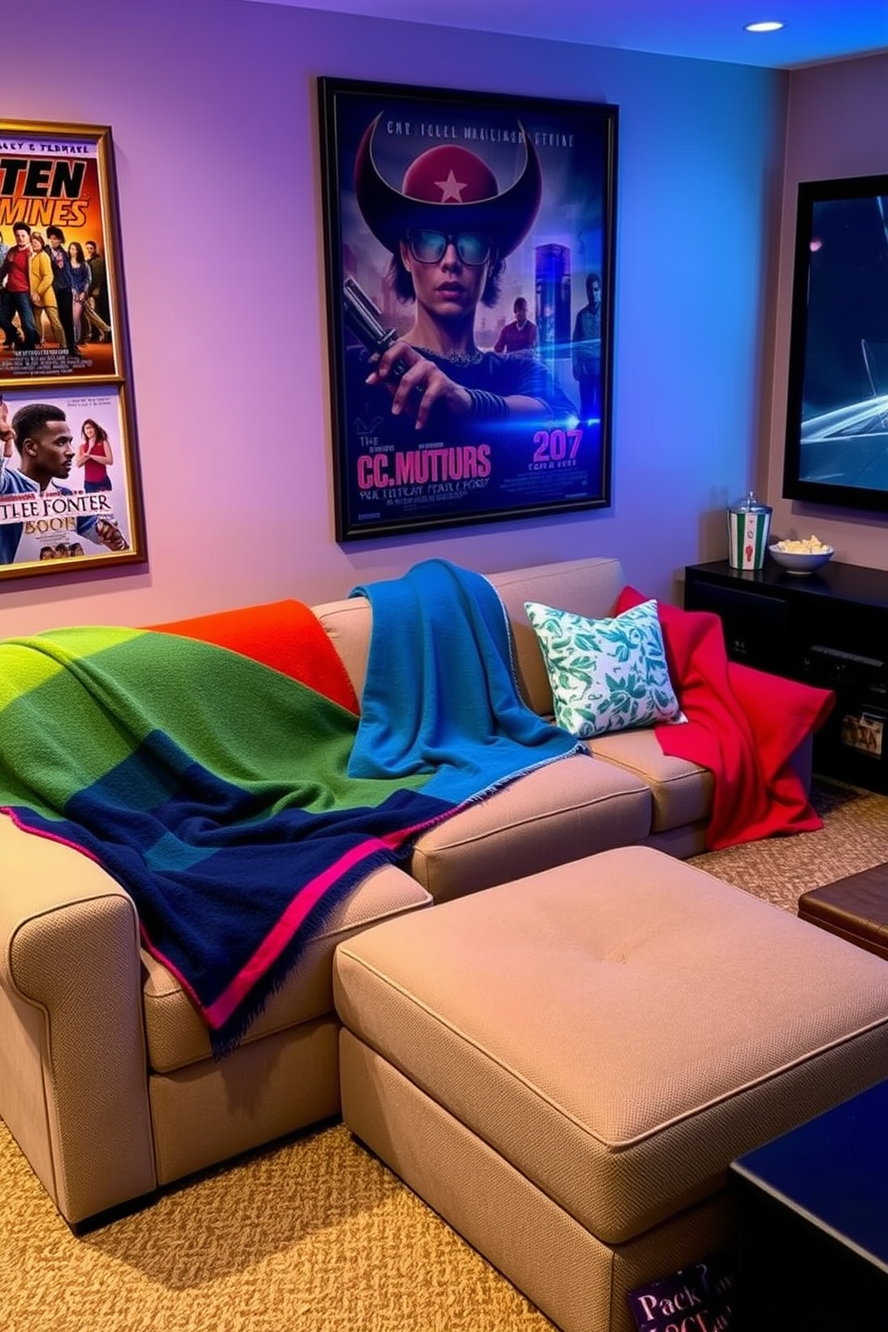 A cozy home theater setting featuring colorful throw blankets draped over a plush sectional sofa. The walls are adorned with framed movie posters, and soft ambient lighting creates an inviting atmosphere. Incorporate vibrant accent pillows to complement the throw blankets, adding layers of texture and comfort. A stylish media console holds the latest technology, while a popcorn station in the corner enhances the cinematic experience.