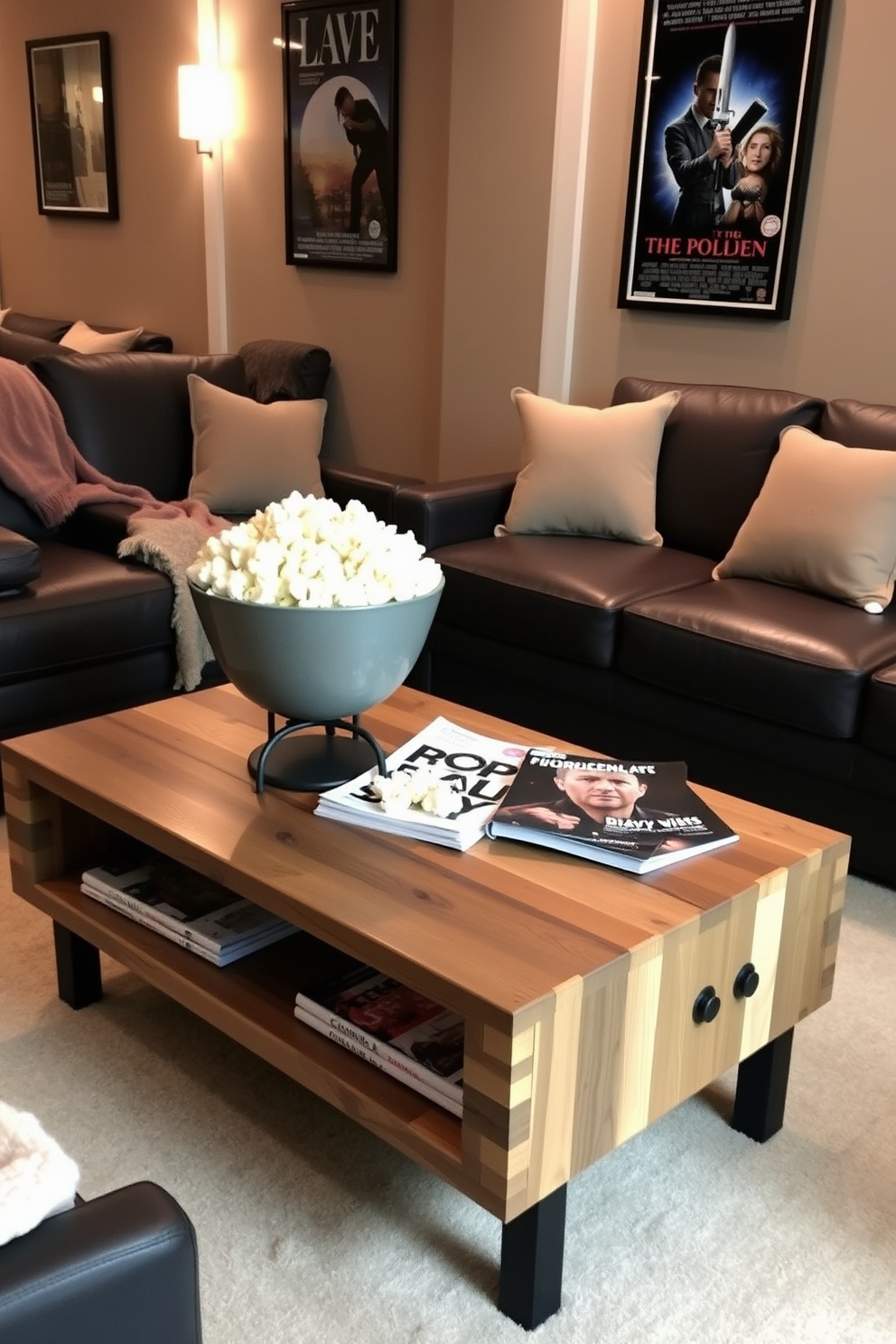 A cozy home theater room featuring a large plush sectional sofa in a deep navy blue. The walls are painted a soft gray, and colorful area rugs in vibrant hues are scattered across the floor to enhance comfort and warmth. A dedicated media wall showcases a large flat-screen television framed by built-in shelves filled with books and decorative items. Soft ambient lighting and stylish curtains complete the inviting atmosphere, creating the perfect space for relaxation and entertainment.