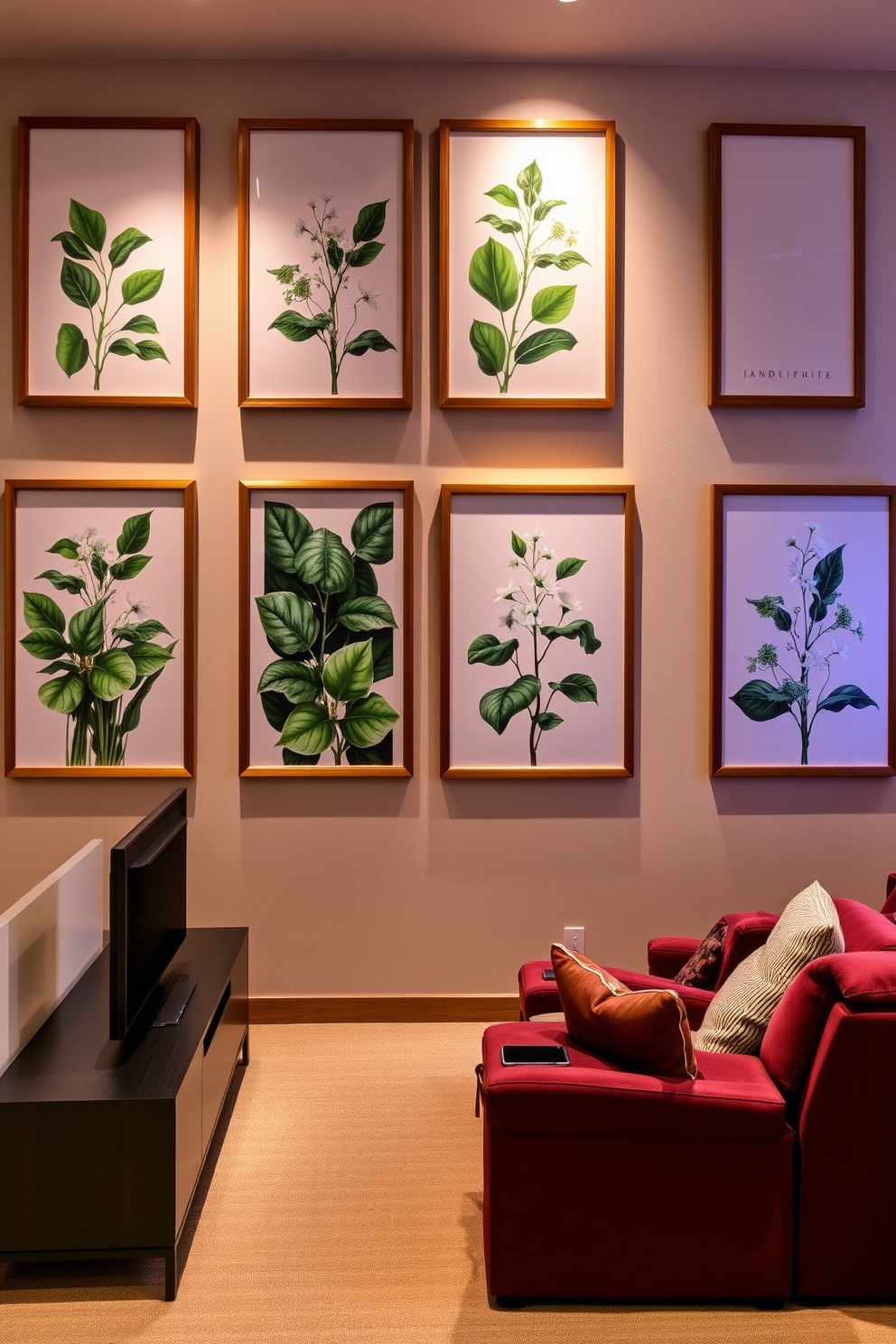 Framed botanical prints adorn the walls, showcasing vibrant greens and delicate florals that bring a touch of nature indoors. Each print is elegantly framed in natural wood, creating a cohesive and refreshing atmosphere. In the home theater, plush seating in rich colors invites relaxation, while ambient lighting sets the mood for movie nights. A sleek media console holds the latest technology, ensuring an immersive viewing experience.