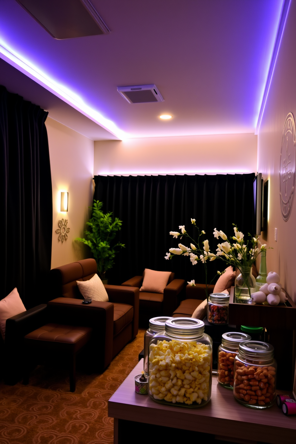 A cozy home theater adorned with LED strip lights that create a warm ambient glow. Plush seating is arranged for optimal viewing, complemented by dark, sound-absorbing curtains that enhance the cinematic experience. Incorporate spring-themed decor with fresh greenery and pastel-colored accents. A stylish popcorn bar with decorative jars and a selection of snacks adds a fun touch to the inviting atmosphere.