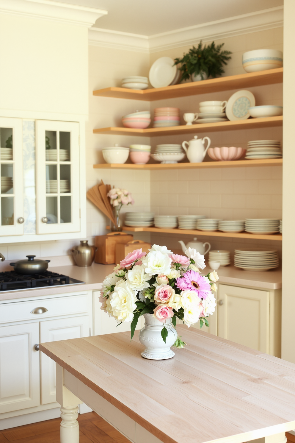 A bright and airy kitchen featuring pastel dishware artfully arranged on open shelving. The walls are painted in a soft cream color, and a light wooden table sits in the center adorned with fresh flowers in pastel hues.