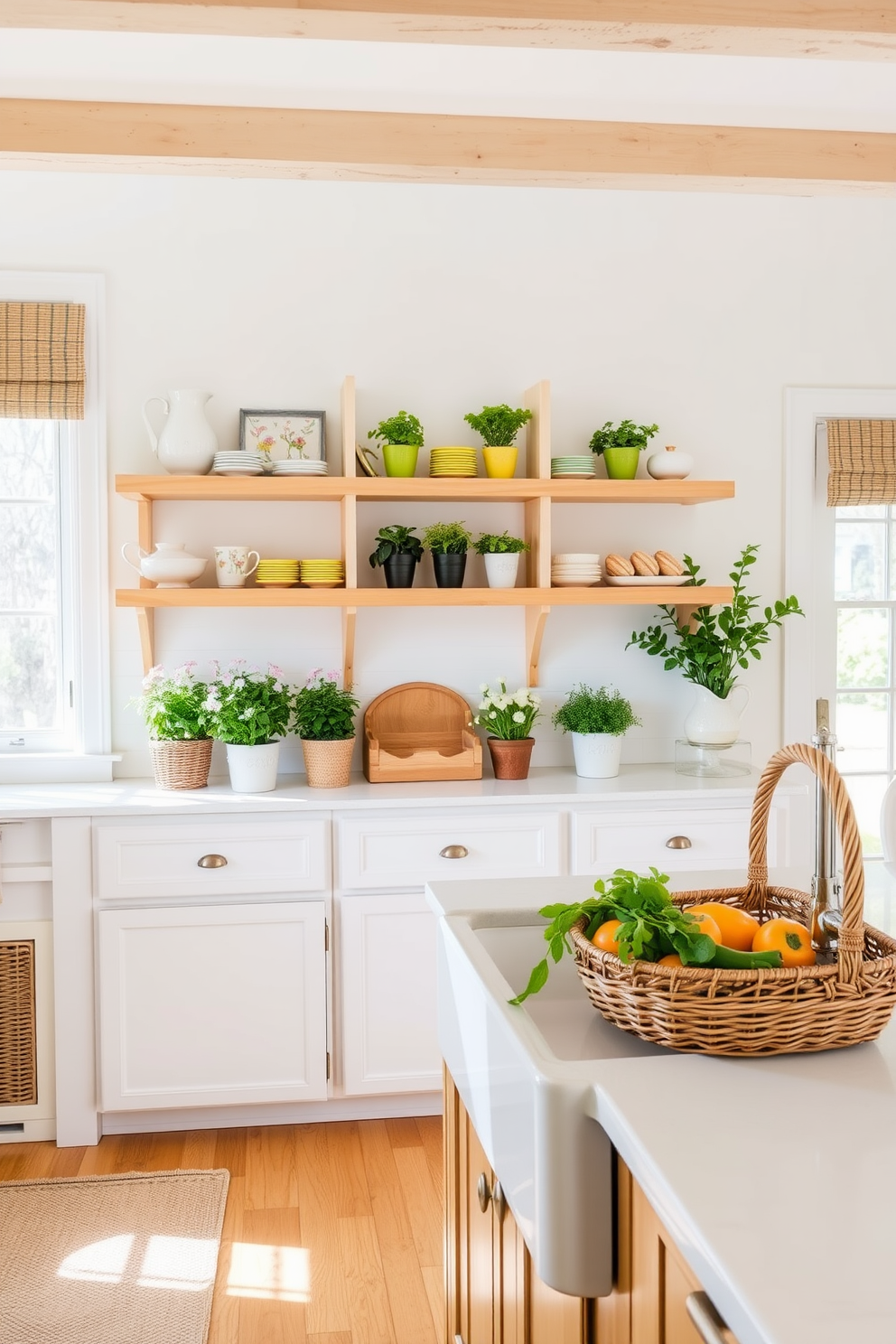 A bright and airy kitchen filled with natural light. The space features wicker accents and natural wood textures, creating a warm and inviting atmosphere. The open shelving displays vibrant spring-themed dishware and potted herbs. A large farmhouse sink is complemented by a woven basket filled with fresh produce on the countertop.