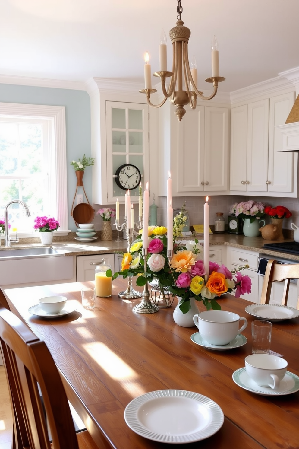 A bright and airy kitchen adorned with seasonal scented candles. The countertops are decorated with pastel-colored dishware and fresh flowers, creating a welcoming atmosphere. Sunlight streams through large windows, illuminating the space and enhancing the vibrant colors of the decor. A wooden dining table is set with elegant tableware, inviting family gatherings and cheerful meals.