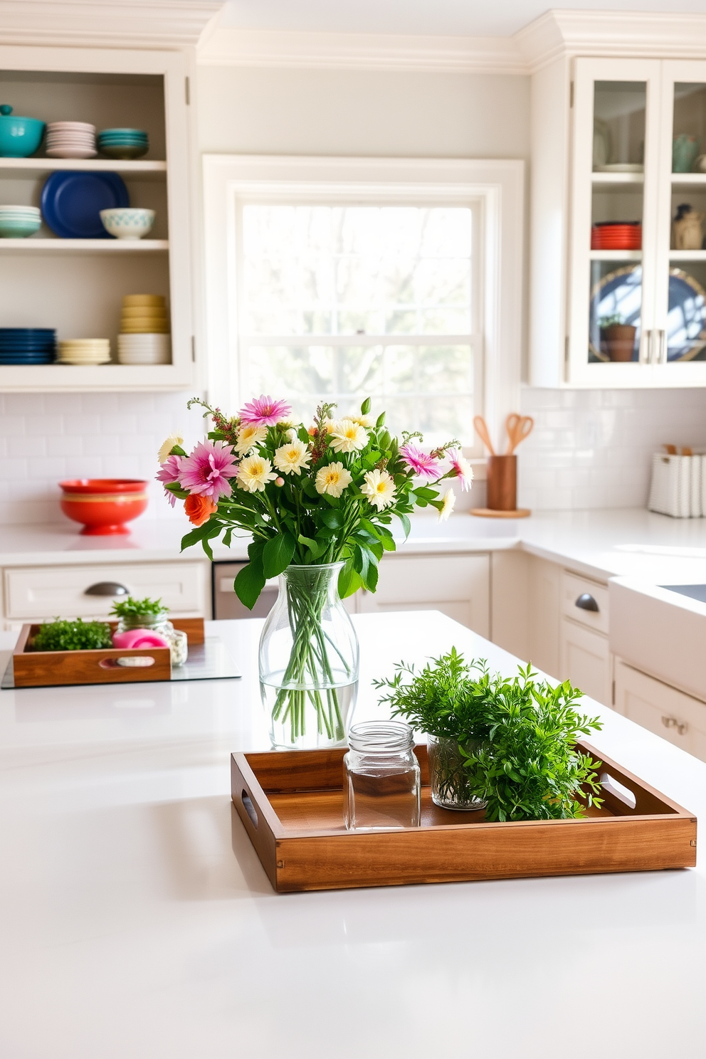 A bright and airy kitchen filled with natural light. The countertops are adorned with decorative trays that organize cooking essentials and fresh herbs, adding a touch of spring charm. The cabinets are painted in a soft pastel hue, complemented by white subway tile backsplashes. Fresh flowers in a vase sit on the island, while colorful dishware is displayed on open shelves for a cheerful atmosphere.