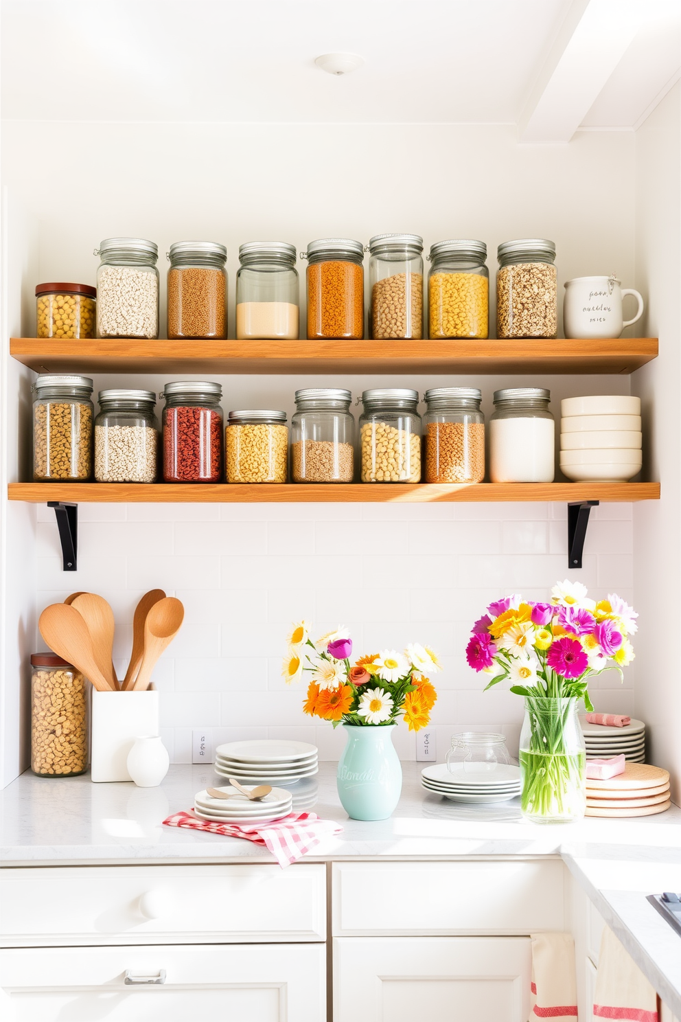 A bright and airy kitchen filled with natural light. Clear jars are neatly arranged on open shelving, showcasing colorful pantry items like grains, pasta, and spices. The countertops are adorned with fresh spring decor, including vibrant flowers in a simple vase. Soft pastel accents are incorporated through dishware and kitchen towels, creating a cheerful and inviting atmosphere.