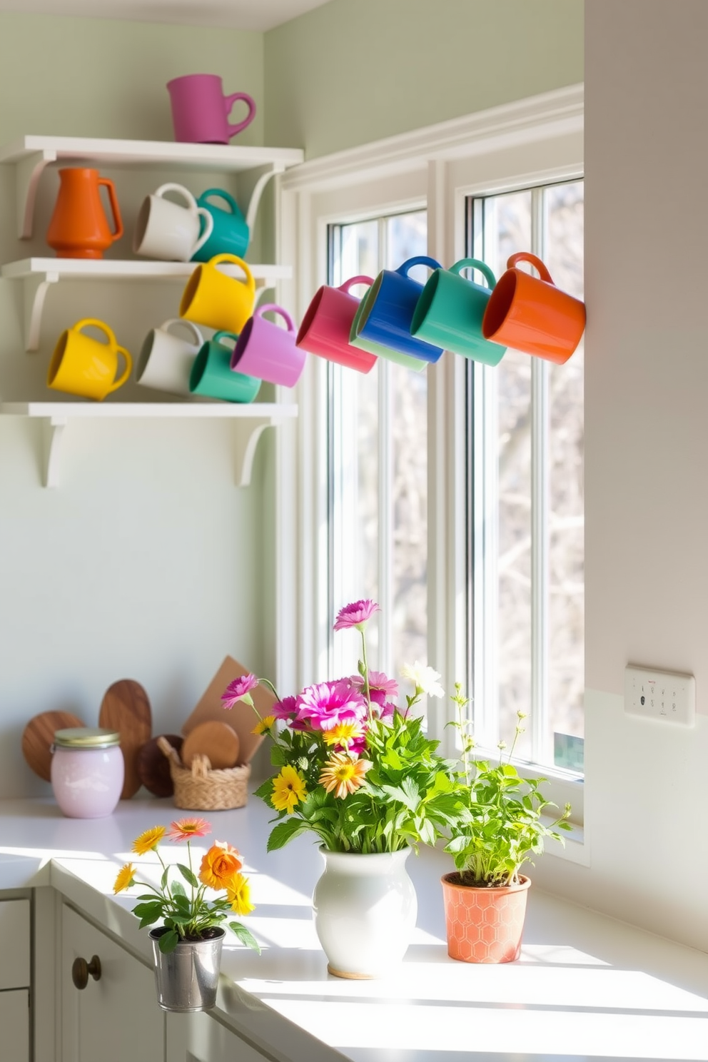 A bright and cheerful kitchen filled with natural light. Open shelves display a variety of colorful mugs in different shapes and sizes, creating a vibrant focal point. The walls are painted in a soft pastel hue, enhancing the freshness of the space. Fresh flowers and potted herbs are placed on the countertop, adding a touch of nature to the spring decor.