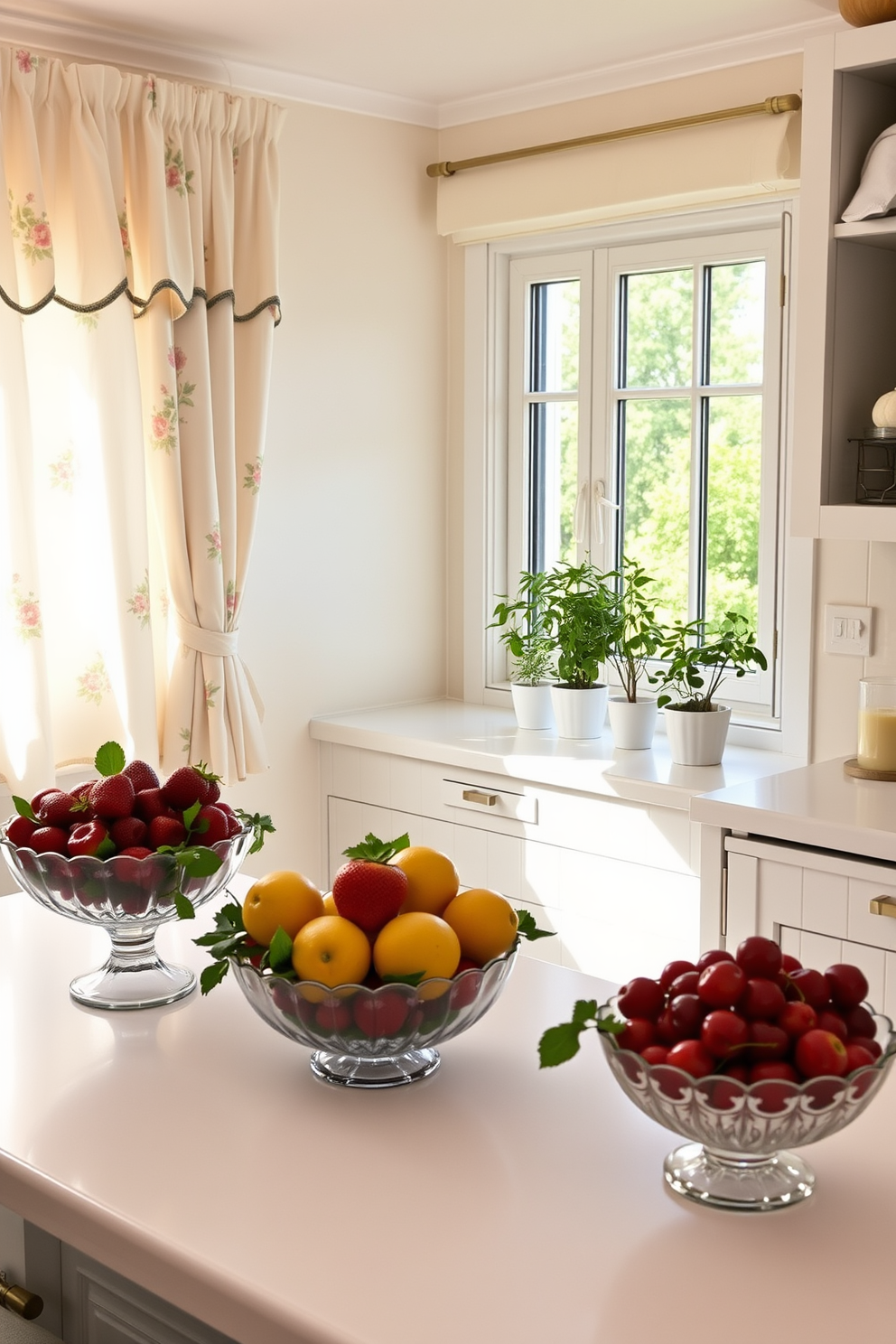 A bright and airy kitchen filled with natural light. The countertops are adorned with vibrant seasonal fruits like strawberries, lemons, and cherries in decorative bowls. Fresh herbs in small pots are placed on the windowsill, adding a touch of greenery. Soft pastel colors dominate the decor, with floral-patterned curtains and a light, cheerful tablecloth.