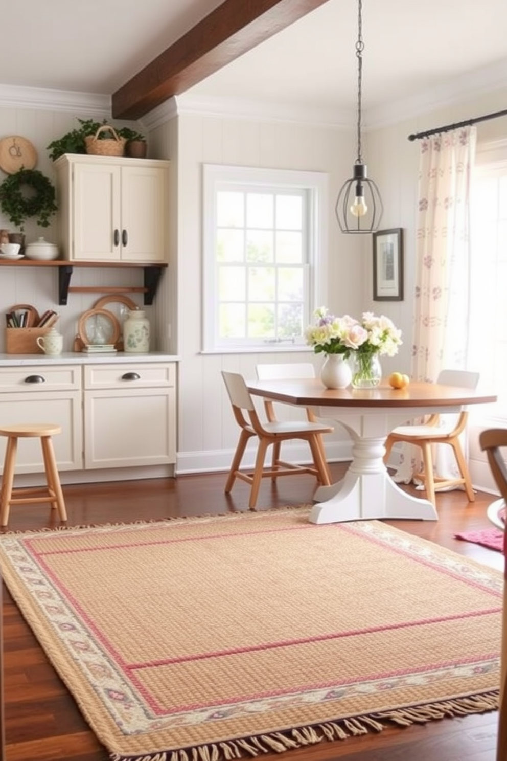 Layer rugs for added texture in a cozy kitchen space. Use a large jute rug as the base and place a smaller patterned rug on top to create visual interest. Incorporate fresh spring decorating ideas with pastel-colored accents. Add floral arrangements and light, airy curtains to enhance the cheerful atmosphere.