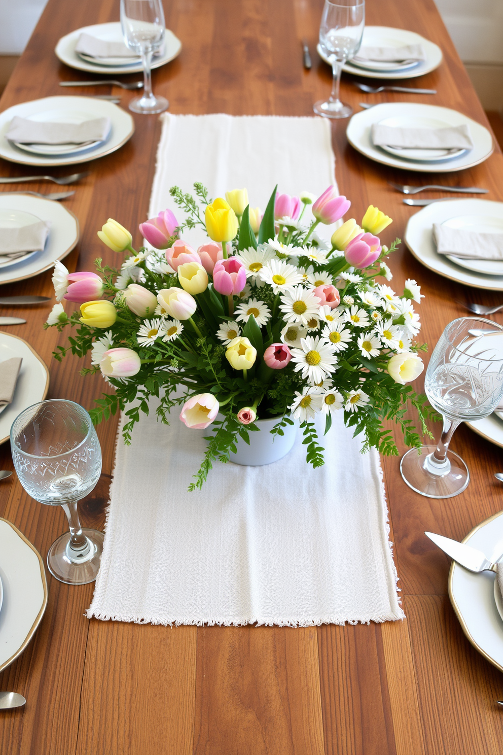 A vibrant spring-themed centerpiece is arranged on a rustic wooden dining table. It features a mix of fresh flowers in pastel colors, including tulips and daisies, alongside small potted herbs for added greenery. The centerpiece is complemented by a light-colored table runner that enhances the natural wood tones. Surrounding the arrangement are elegant ceramic plates and handcrafted glassware, creating a warm and inviting atmosphere for spring gatherings.