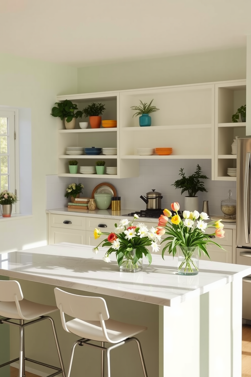 A bright and airy kitchen filled with natural light. The walls are painted in a soft pastel color, and open shelving displays colorful dishware and potted green plants for a fresh touch. The kitchen island features a white marble countertop with stylish bar stools. A vase of fresh flowers sits on the island, complementing the greenery and adding a cheerful spring vibe.