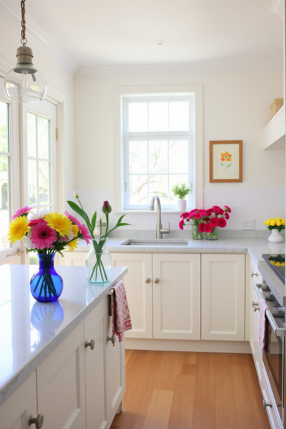 A bright and airy kitchen filled with natural light. Fresh flowers in colorful vases are placed on the countertops, adding a pop of color to the space. The cabinets are painted in a soft pastel hue, complementing the light wood flooring. Decorative elements like patterned dish towels and spring-themed artwork enhance the cheerful atmosphere.