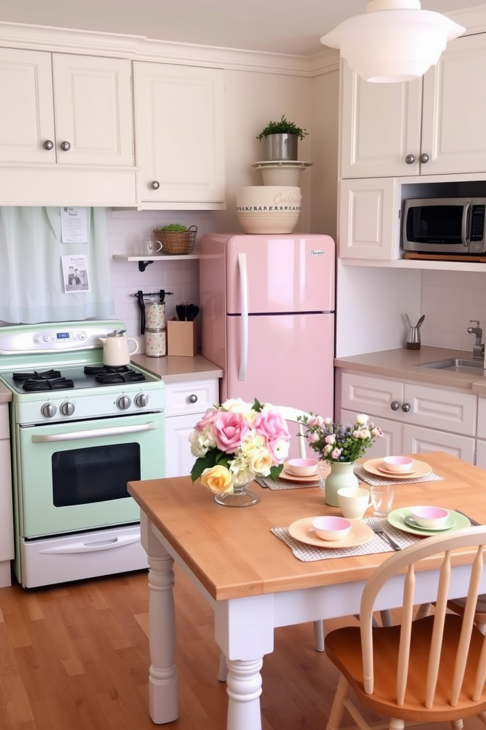 A bright and cheerful kitchen featuring a refrigerator adorned with charming magnets of various shapes and colors. The decor includes fresh flowers in a vase on the countertop and pastel-colored dishware displayed on open shelves.