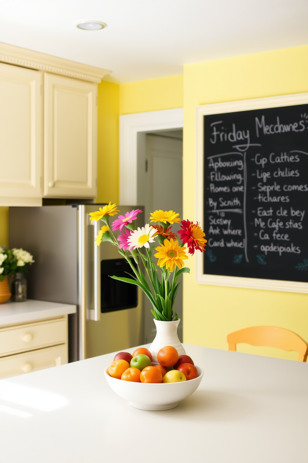 A bright and inviting kitchen filled with the essence of spring. The walls are painted in a soft pastel yellow, and the cabinets are adorned with fresh white hardware. A large chalkboard is mounted on one wall, perfect for seasonal messages and family reminders. The countertop is decorated with vibrant flowers in a ceramic vase, and a bowl of colorful fruits sits at the center.