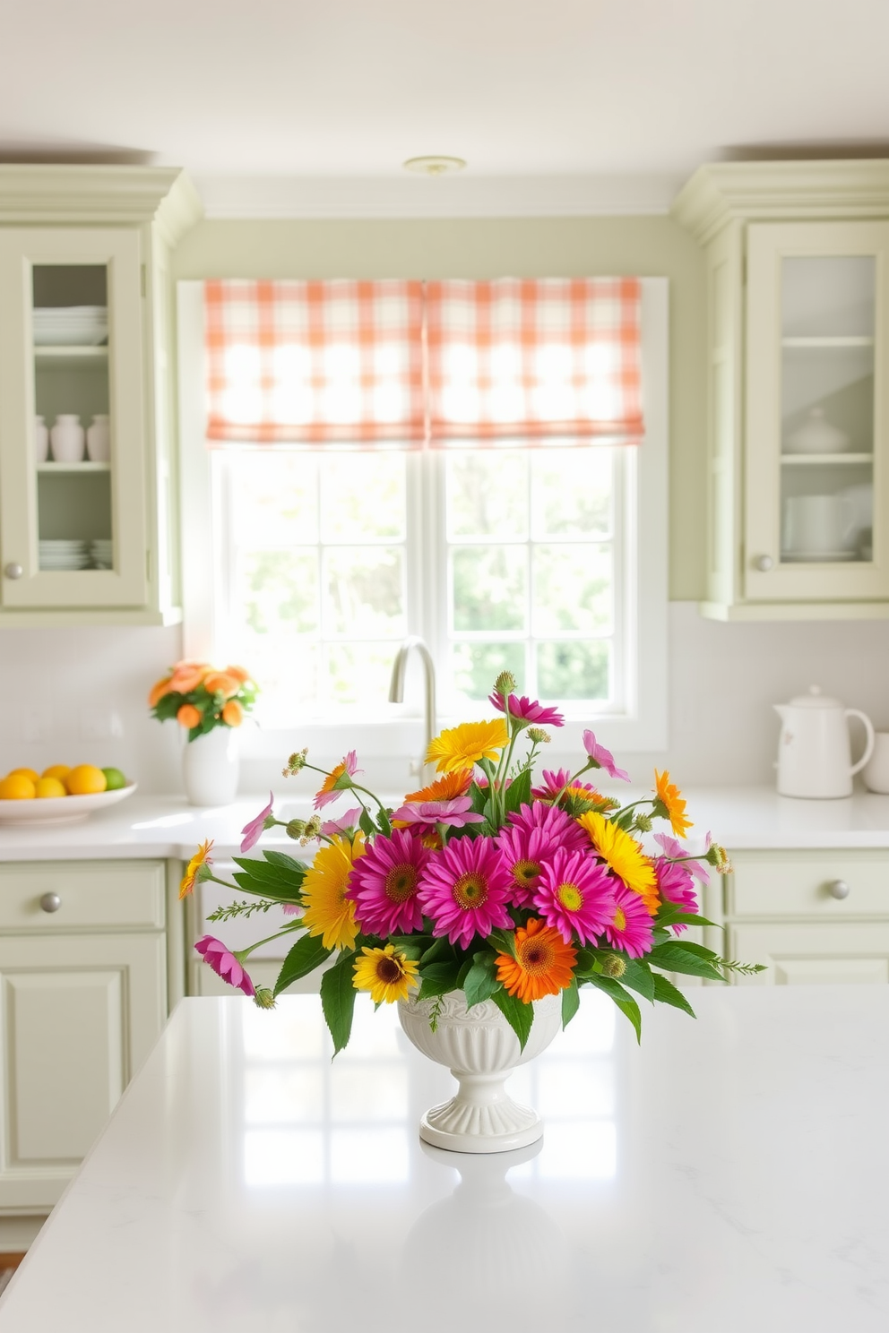 A bright and airy kitchen filled with fresh spring decor. The cabinets are painted in a soft pastel color, and the hardware is replaced with floral-themed knobs and handles. The countertops are adorned with seasonal fruits in a decorative bowl. A bouquet of vibrant flowers sits in a charming vase on the kitchen island, bringing life to the space.