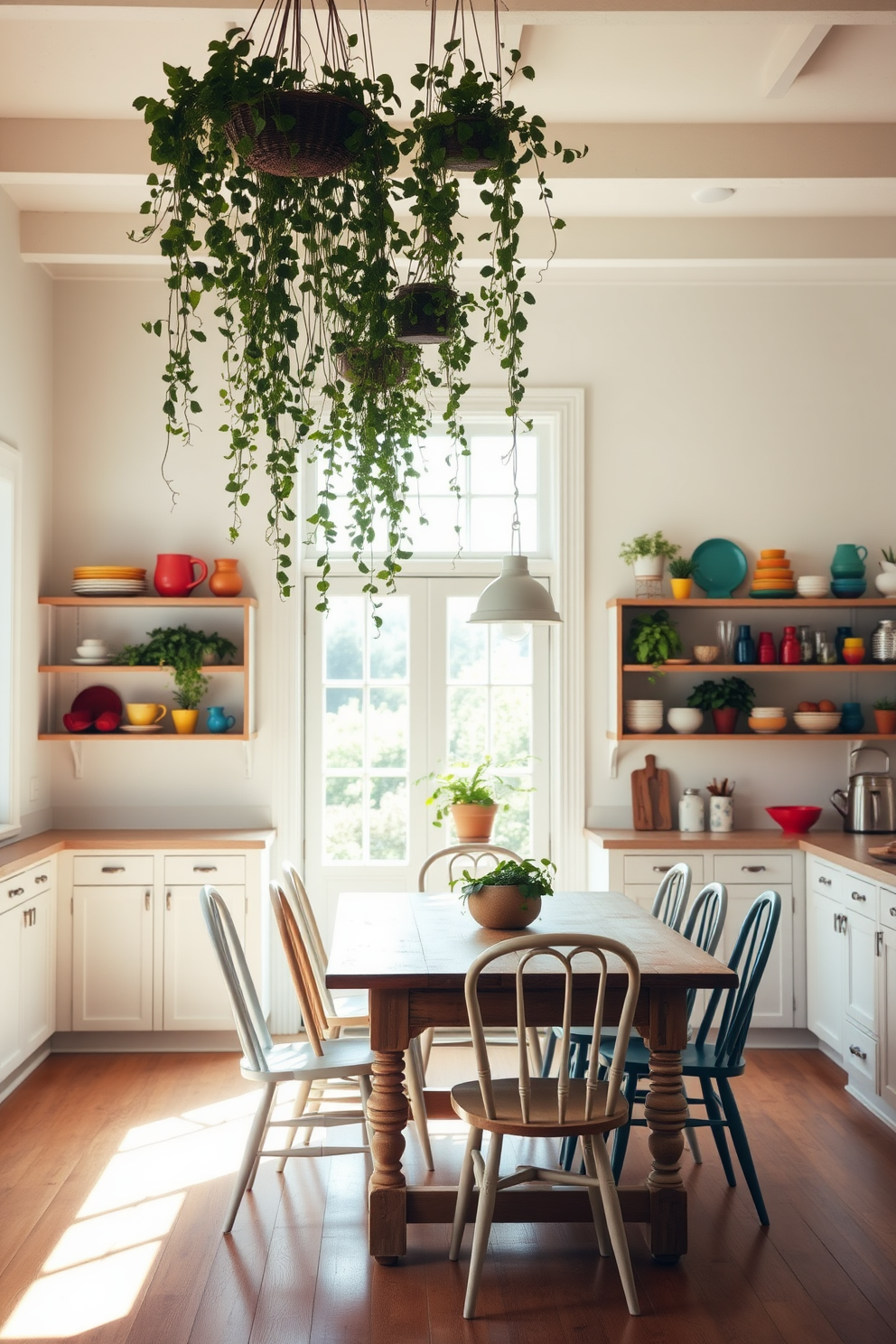 A bright and airy kitchen filled with natural light. The walls are painted in a soft pastel color, and open shelves display colorful dishware and potted herbs. Hanging plants cascade from the ceiling, adding vertical interest and a touch of greenery. A rustic wooden dining table sits in the center, surrounded by mismatched chairs for a charming, eclectic look.