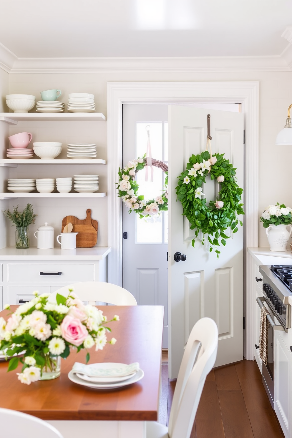 A bright and airy kitchen adorned with a spring wreath hanging on the door. The space features open shelving displaying pastel-colored dishware and fresh herbs, complemented by a farmhouse table set with a floral centerpiece.