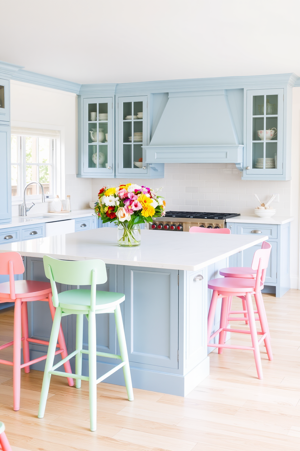 A bright and airy kitchen featuring a large island with a white countertop. Surrounding the island are vibrant bar stools in a mix of pastel colors, adding a cheerful touch to the space. The cabinetry is painted in a soft blue hue, complementing the light wood flooring. Fresh flowers in a colorful vase sit on the island, enhancing the springtime theme.