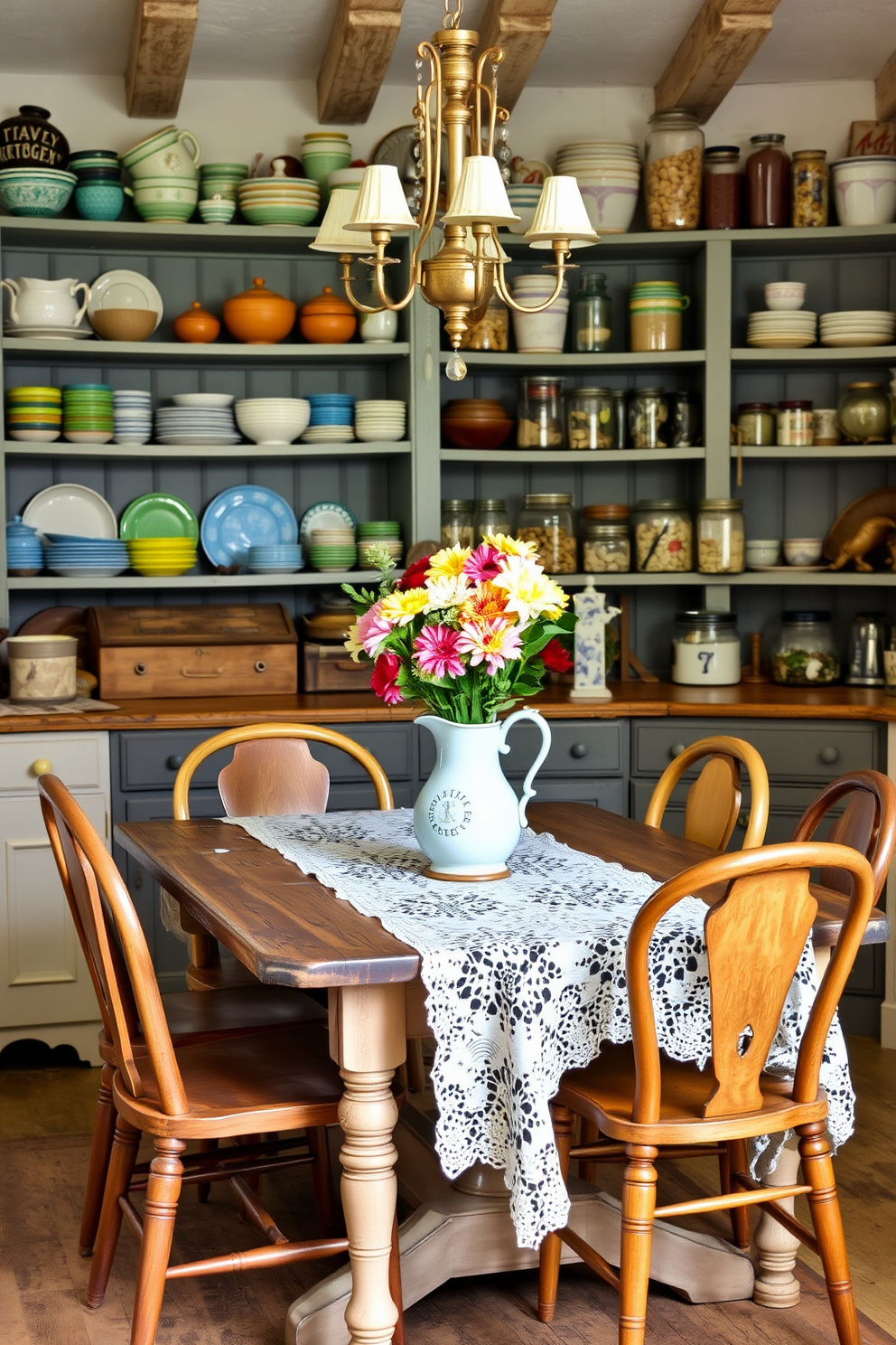 A bright and airy kitchen filled with the invigorating scents of spring candles. The countertops are adorned with fresh herbs in decorative pots, and a colorful fruit bowl sits at the center of the island. Light pastel colors dominate the walls, creating a cheerful atmosphere. Elegant dishware and seasonal decorations are thoughtfully arranged on open shelves, enhancing the kitchen's charm.