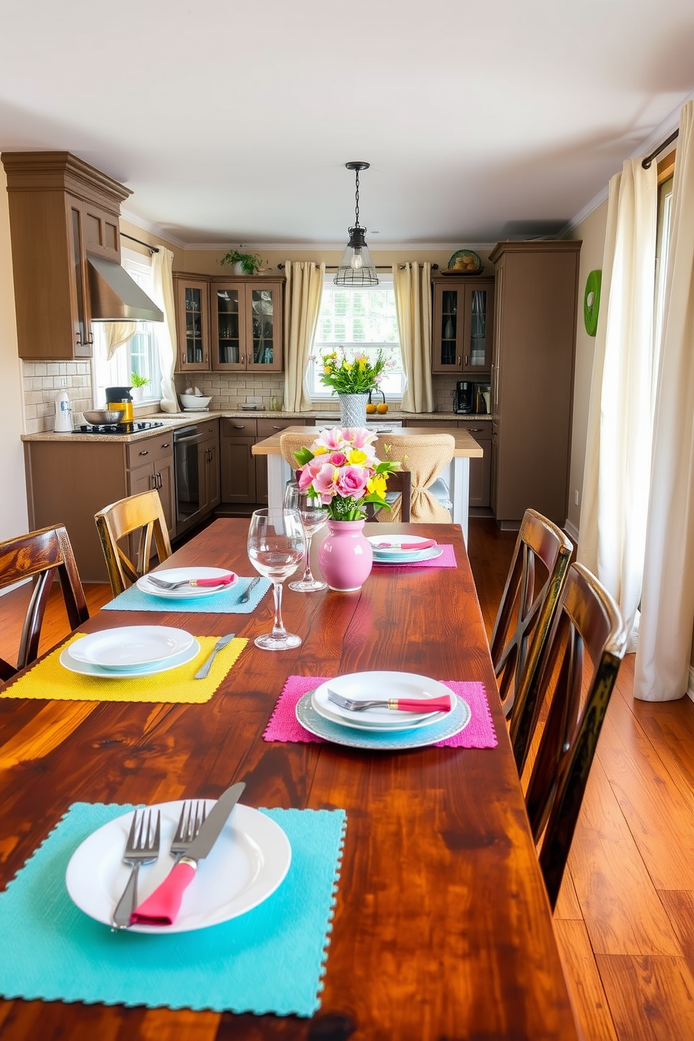 A cozy kitchen filled with natural light. The shelves are adorned with handmade pottery pieces in various shapes and earthy tones, adding a personal touch to the space. Fresh spring decor elements are integrated throughout the kitchen. Bright green plants and colorful floral arrangements complement the warm wooden cabinetry and light countertops.