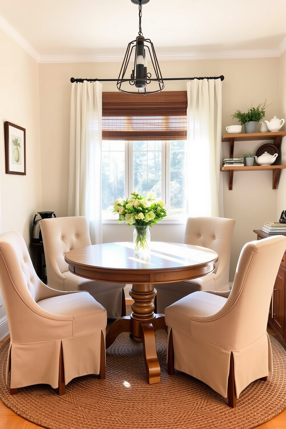 A cozy kitchen adorned with vintage signs displaying cheerful spring sayings. The walls are painted in a soft pastel hue, and rustic wooden shelves are lined with potted herbs and colorful dishware.