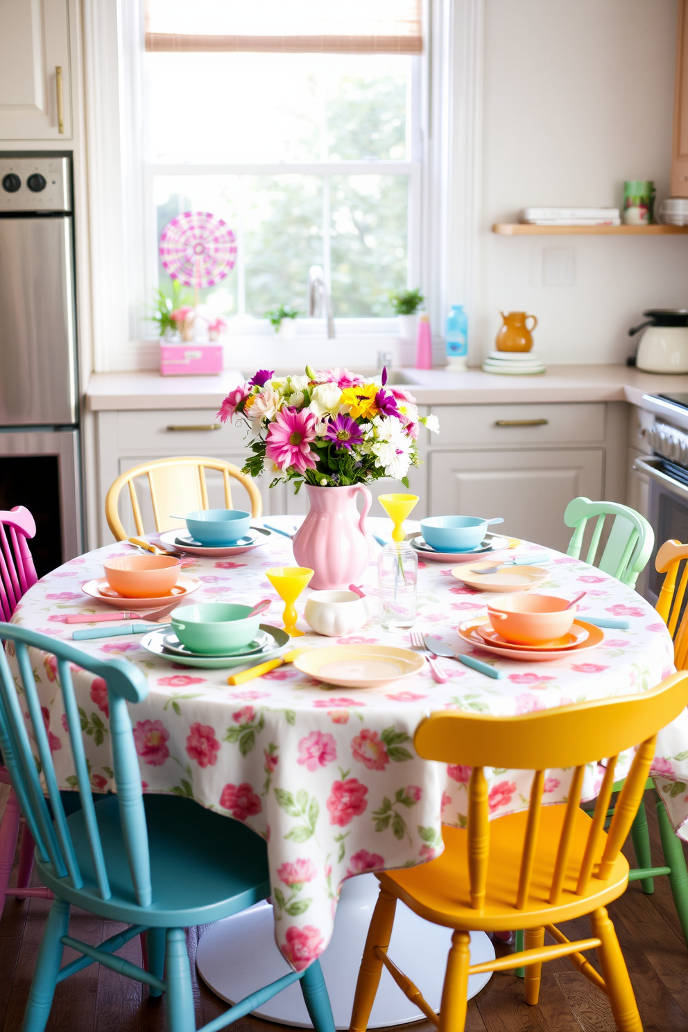 A playful table setting featuring a vibrant mix of pastel-colored dishes and whimsical utensils. The table is adorned with a cheerful floral tablecloth and a centerpiece of fresh flowers in a colorful vase. Surrounding the table are mismatched chairs in various bright hues, creating an inviting atmosphere. Soft natural light streams through the kitchen window, highlighting the playful decor and adding warmth to the space.