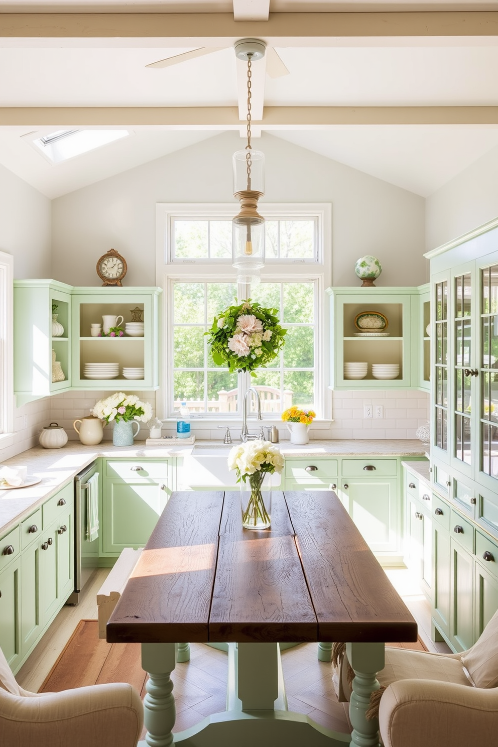 Charming tea towels with floral prints adorn the kitchen, adding a touch of color and warmth to the space. The kitchen features soft pastel cabinetry and natural wood accents, creating a cozy and inviting atmosphere for spring.