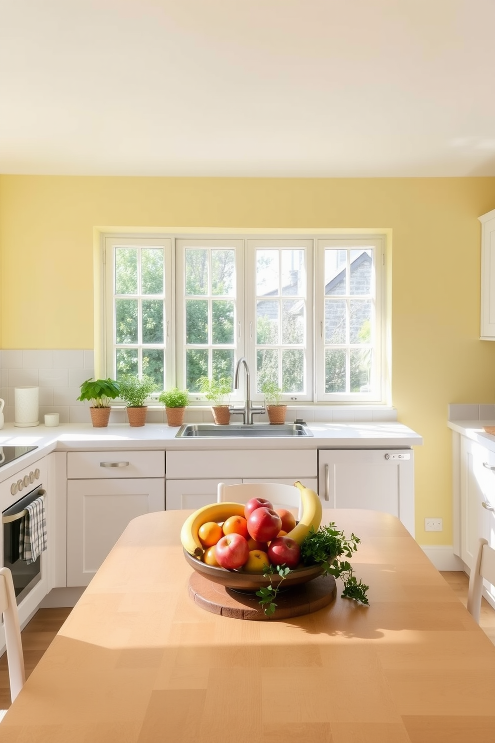 A bright and airy kitchen filled with natural light. The walls are painted in a soft pastel yellow, and the cabinets are a crisp white. A cheerful fruit bowl centerpiece sits on the wooden dining table, overflowing with vibrant apples, oranges, and bananas. Fresh herbs in small pots are placed on the windowsill, adding a touch of greenery to the space.