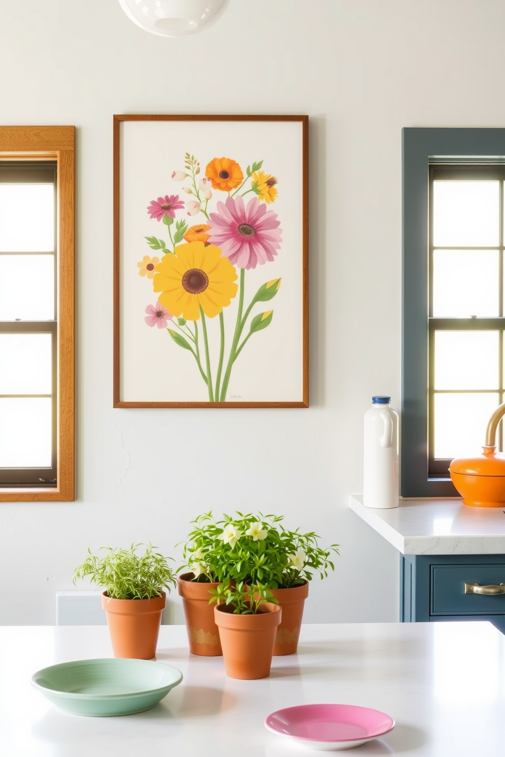 Display seasonal artwork on walls showcasing vibrant floral prints and pastel colors that evoke the essence of spring. Incorporate decorative elements like fresh herbs in terracotta pots and a cheerful table setting with bright tableware to enhance the kitchen's welcoming atmosphere.