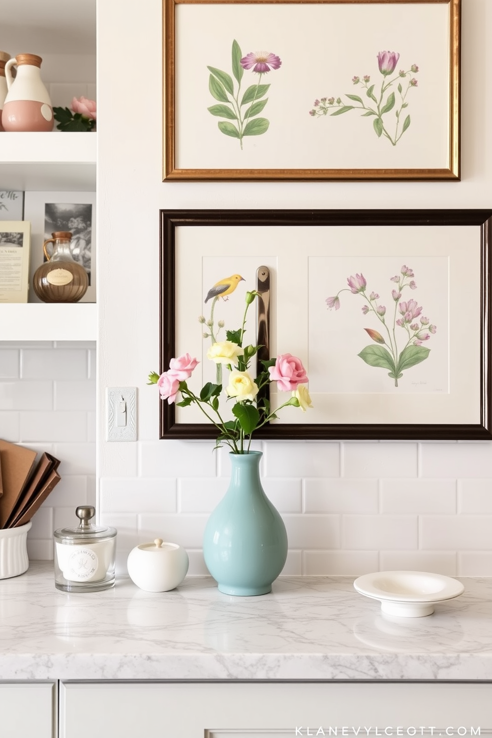 A charming kitchen adorned with decorative jars filled with colorful spring treats. The jars, arranged on a rustic wooden shelf, showcase vibrant candies and pastel-colored cookies, adding a playful touch to the space. The kitchen features soft pastel walls that evoke a fresh and inviting atmosphere. A farmhouse-style table sits at the center, complemented by floral centerpieces that enhance the spring theme.