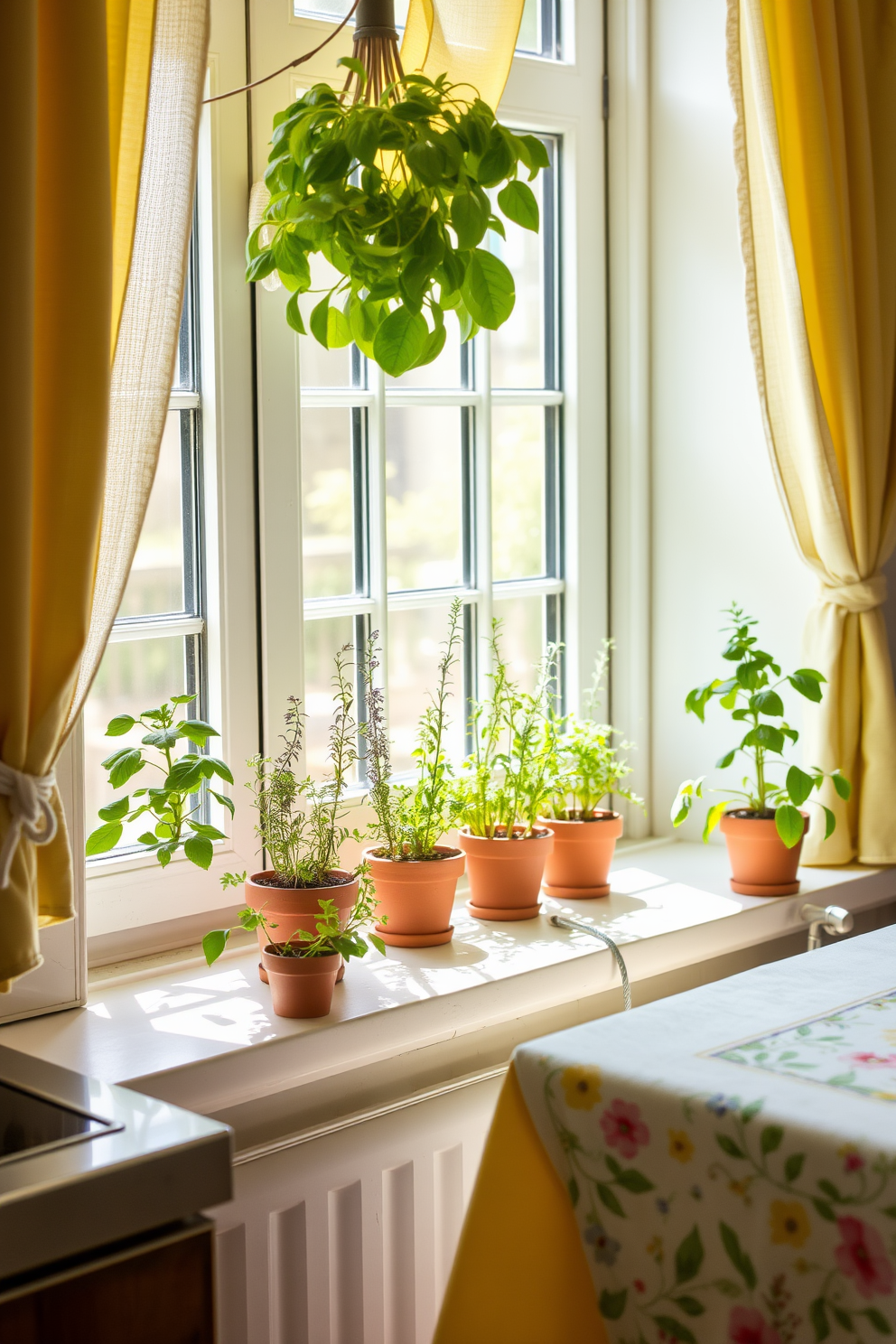 A charming herb garden is set on a sunlit windowsill. Various herbs such as basil, rosemary, and thyme are planted in small, terracotta pots, adding a touch of greenery to the kitchen. The kitchen is decorated with fresh spring colors, featuring pastel shades of yellow and green. Floral patterns adorn the curtains and tablecloth, creating a cheerful and inviting atmosphere.