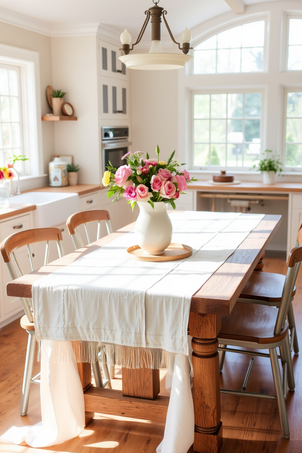 A bright and inviting kitchen adorned with light and airy table runners draping elegantly over a rustic wooden dining table. Fresh flowers in a pastel vase center the table, complemented by soft, natural light streaming through large windows.