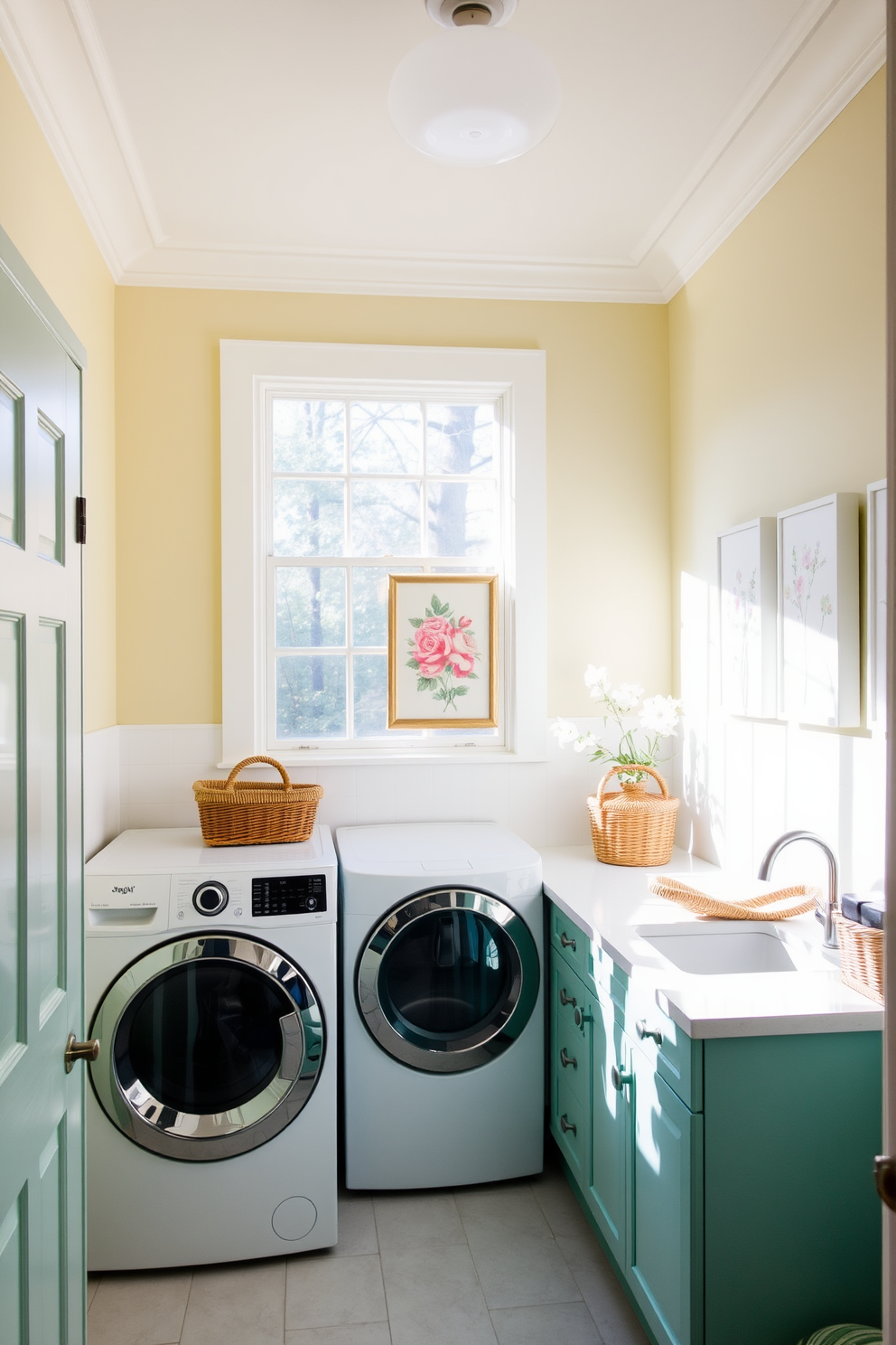 A cheerful laundry room filled with natural light. The walls are painted in soft pastel shades, creating a fresh and inviting atmosphere. A spacious countertop is adorned with decorative baskets for organizing laundry supplies. A stylish drying rack is positioned near a window, allowing sunlight to brighten the space.