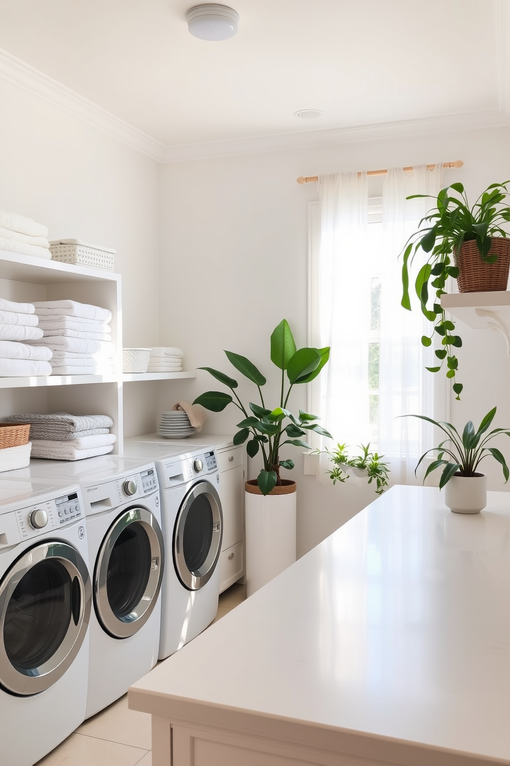 A bright and airy laundry room filled with natural light. There are open shelves lined with neatly folded towels and baskets, and a large window with sheer curtains allows sunlight to filter in. In one corner, a collection of indoor plants adds a touch of freshness and vibrancy to the space. The walls are painted in a soft pastel color, and a stylish, functional countertop provides ample space for sorting and folding laundry.