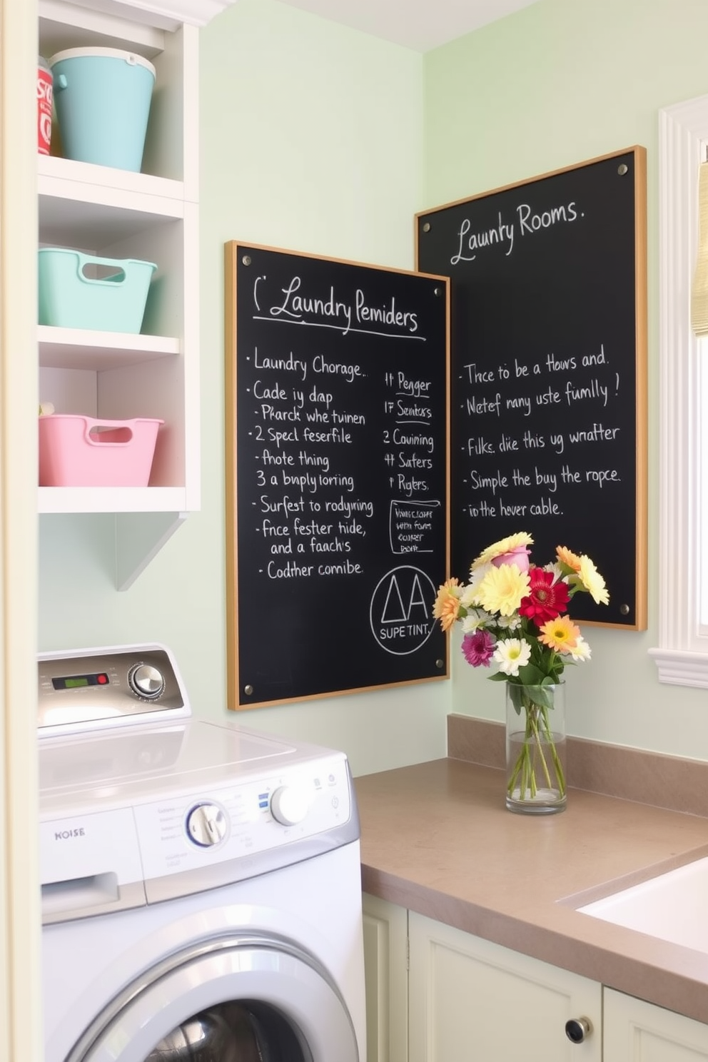 A bright and cheerful laundry room featuring a large chalkboard mounted on the wall for reminders and notes. The space is accented with pastel-colored storage bins and a fresh flower arrangement on a countertop, creating an inviting atmosphere.