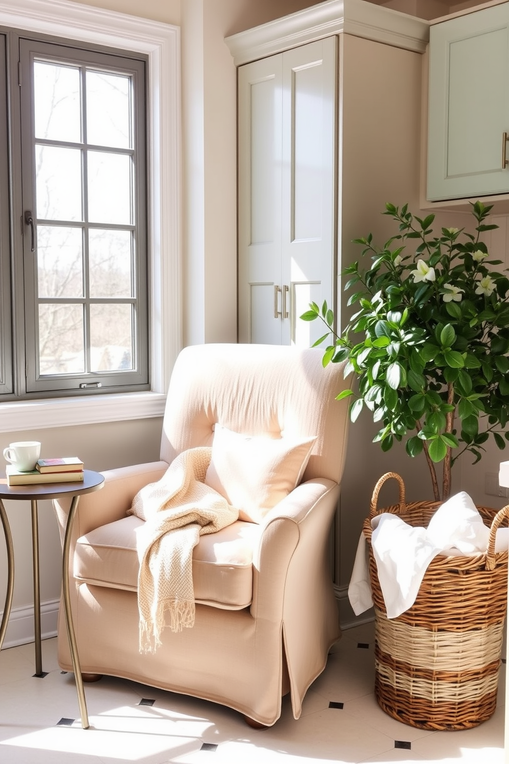 A cozy reading nook features a plush armchair in a soft pastel fabric, positioned next to a large window that lets in natural light. A small side table holds a stack of books and a steaming cup of tea, while a floor lamp with a warm glow illuminates the space. The spring laundry room is decorated with cheerful pastel colors and floral accents. A vintage-style washing machine sits beside a wooden folding table, adorned with fresh flowers in a mason jar and neatly arranged laundry baskets.