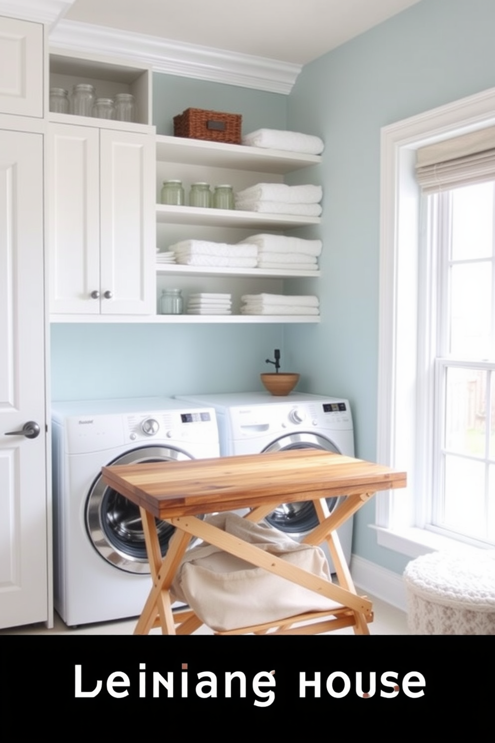 A bright and cheerful laundry room featuring a large chalkboard mounted on the wall for reminders and notes. The space is filled with pastel-colored cabinets and open shelving displaying neatly folded towels and laundry supplies. A stylish farmhouse sink sits under a window that lets in natural light, surrounded by a countertop made of reclaimed wood. Decorative elements like potted plants and colorful laundry baskets add a fresh and inviting touch to the overall design.