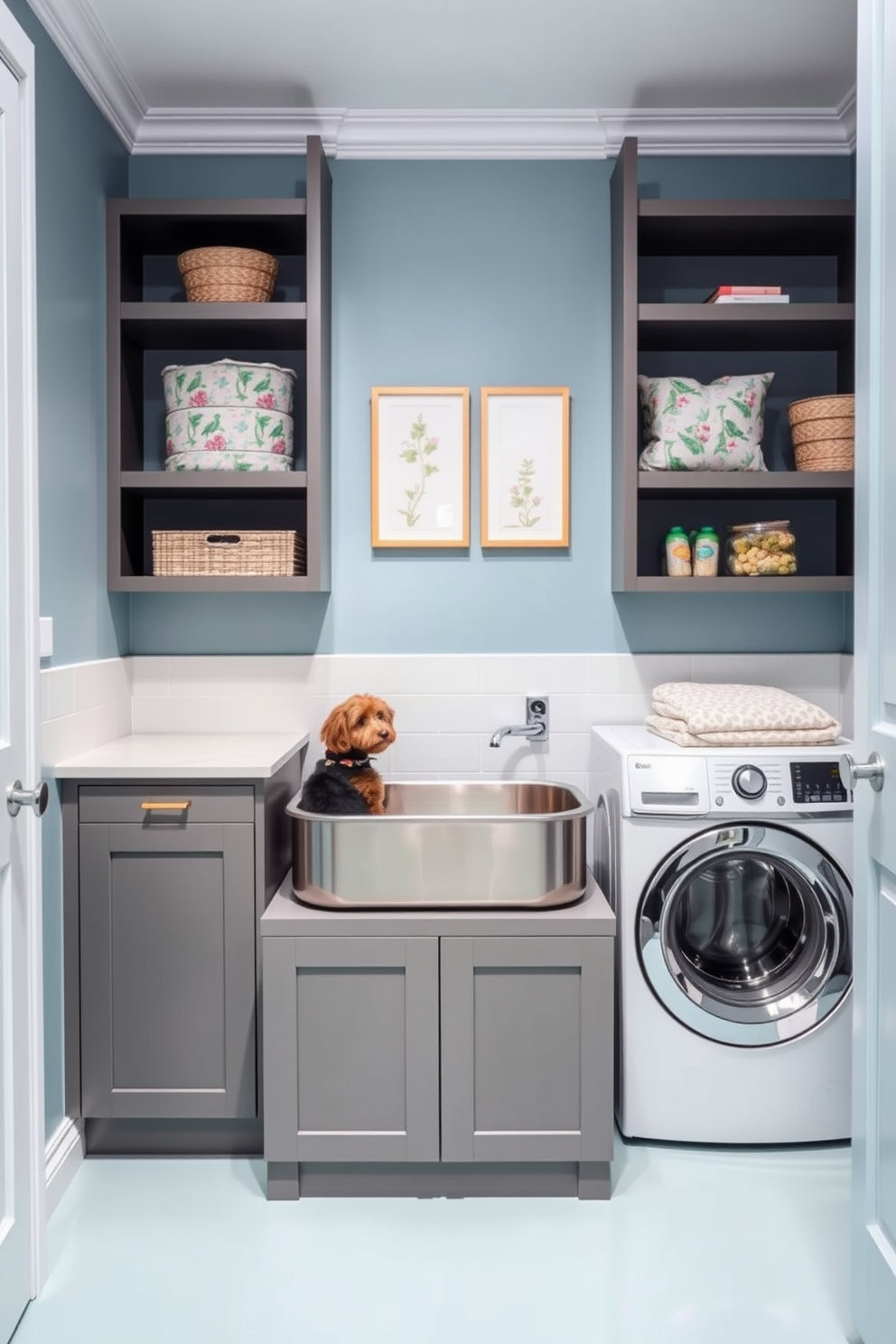 A charming laundry room filled with natural light. The space features rustic light fixtures made of wrought iron, illuminating a wooden folding table beside a vintage-style washing machine. The walls are painted in a soft pastel hue, creating a fresh and inviting atmosphere. Decorative baskets filled with colorful linens are neatly arranged on open shelves, adding both functionality and style.