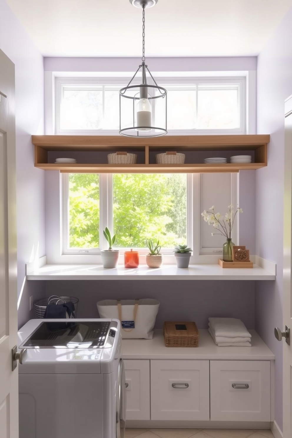 A bright and airy laundry room with large windows allowing natural light to flood in. The walls are painted in a soft pastel hue, creating a cheerful atmosphere. A stylish wooden drying rack stands elegantly against one wall, adorned with freshly laundered clothes. Shelves above the drying rack hold neatly folded towels and decorative baskets, adding both functionality and charm to the space.