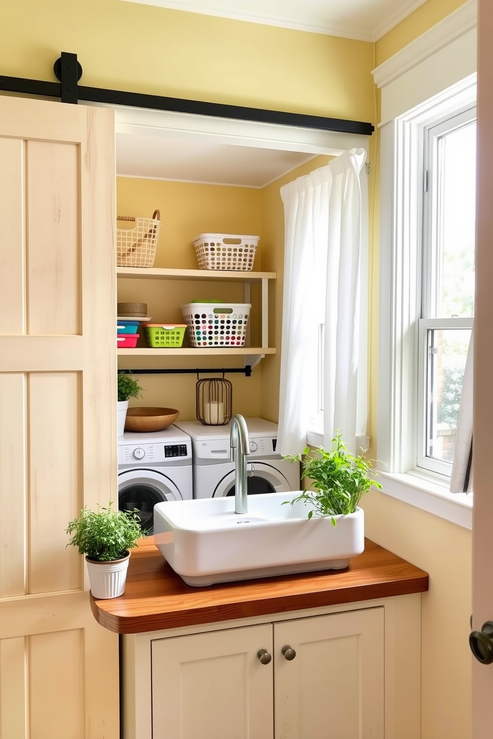 A bright and airy spring laundry room features a sliding barn door entrance that adds rustic charm. Inside, the walls are painted a soft pastel yellow, and open shelving displays neatly arranged baskets filled with colorful laundry essentials. The room is illuminated by natural light streaming through a large window adorned with sheer white curtains. A farmhouse-style sink sits on a wooden countertop, surrounded by potted herbs that bring a touch of greenery to the space.