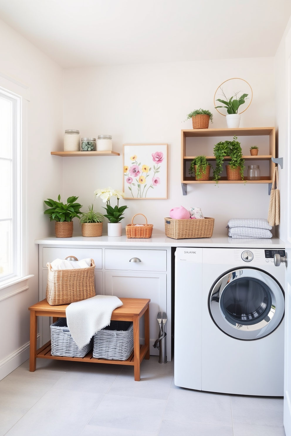 A bright and cheerful laundry room filled with natural light. The walls are painted in a soft pastel yellow, and there are open shelves displaying neatly folded colorful towels and laundry supplies. A fun wall clock with a whimsical design hangs on one wall, adding character to the space. A spacious countertop made of white quartz provides ample space for sorting and folding clothes, complemented by a stylish wicker basket for dirty laundry.