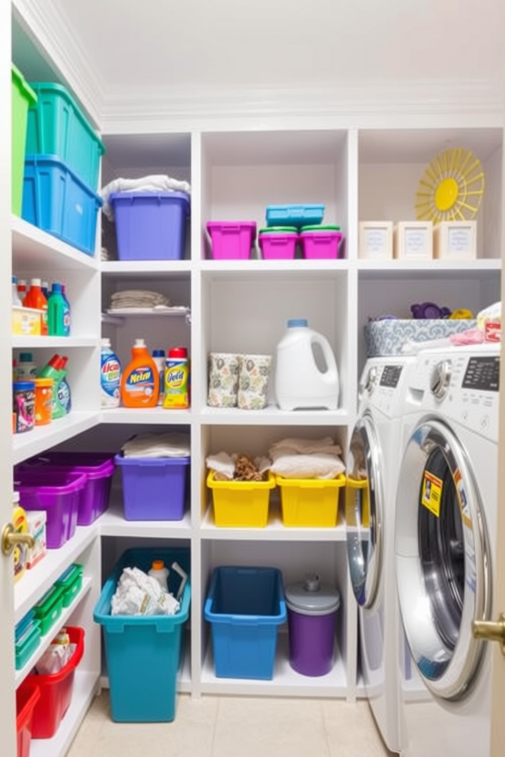 A vibrant laundry room filled with colorful supplies neatly organized on open shelves. Brightly colored bins and containers hold detergents and fabric softeners, while a cheerful wall art piece adds a touch of personality.