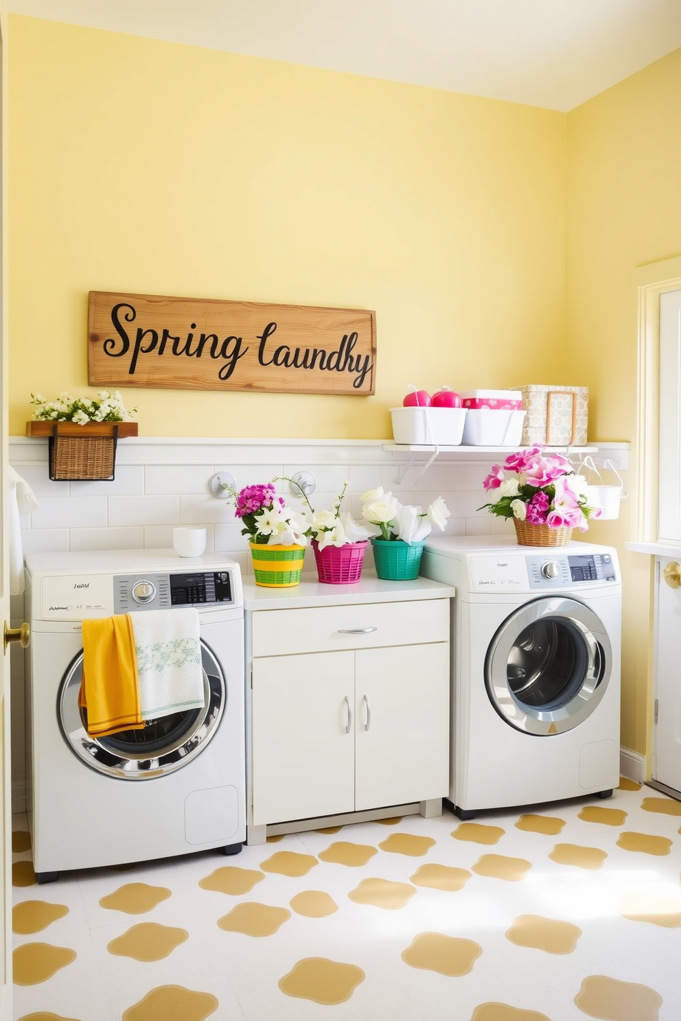 A cheerful laundry room filled with natural light. The walls are painted in a soft pastel yellow, and the floor is adorned with a playful checkered pattern. A rustic wooden sign with the words 