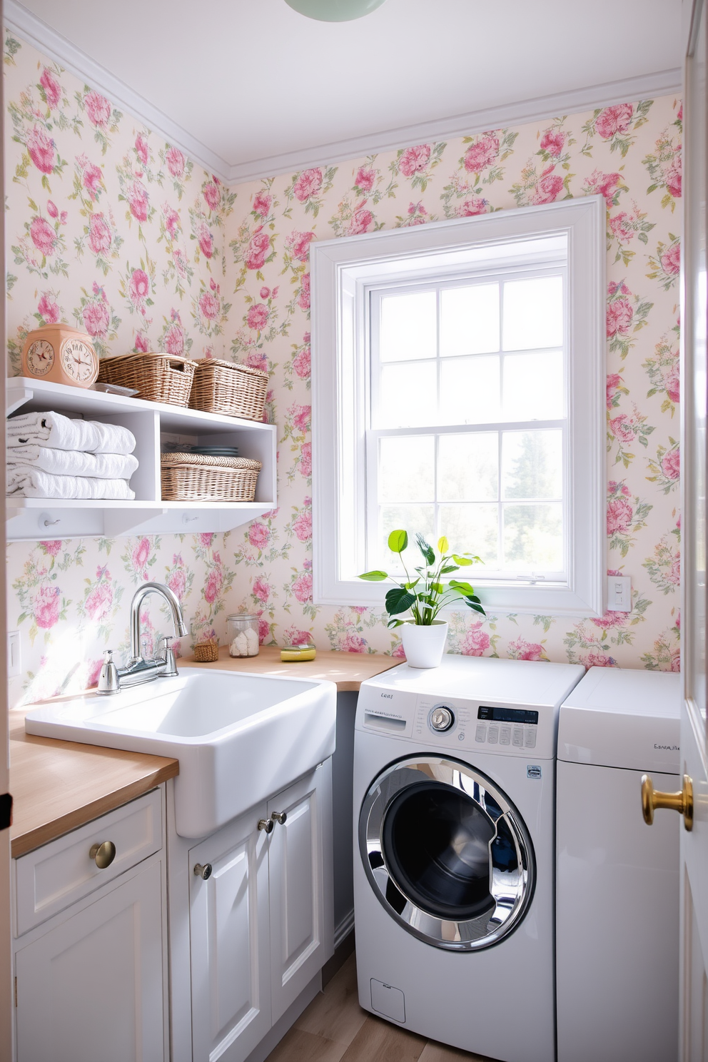 A bright and cheerful laundry room featuring floral patterned wallpaper that brings a touch of spring indoors. The room is equipped with a white washer and dryer, and a wooden folding table sits in the center, adorned with a vase of fresh flowers.