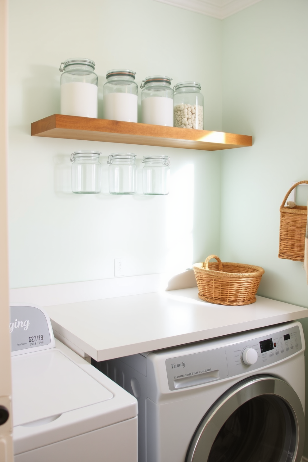 A bright and cheerful laundry room filled with natural light. The walls are painted a soft white, while the cabinets are a vibrant turquoise, creating a lively atmosphere. A large farmhouse sink sits beneath a window, adorned with colorful dish towels. Decorative baskets in various shades of yellow and green are neatly arranged on open shelves, adding both function and flair.