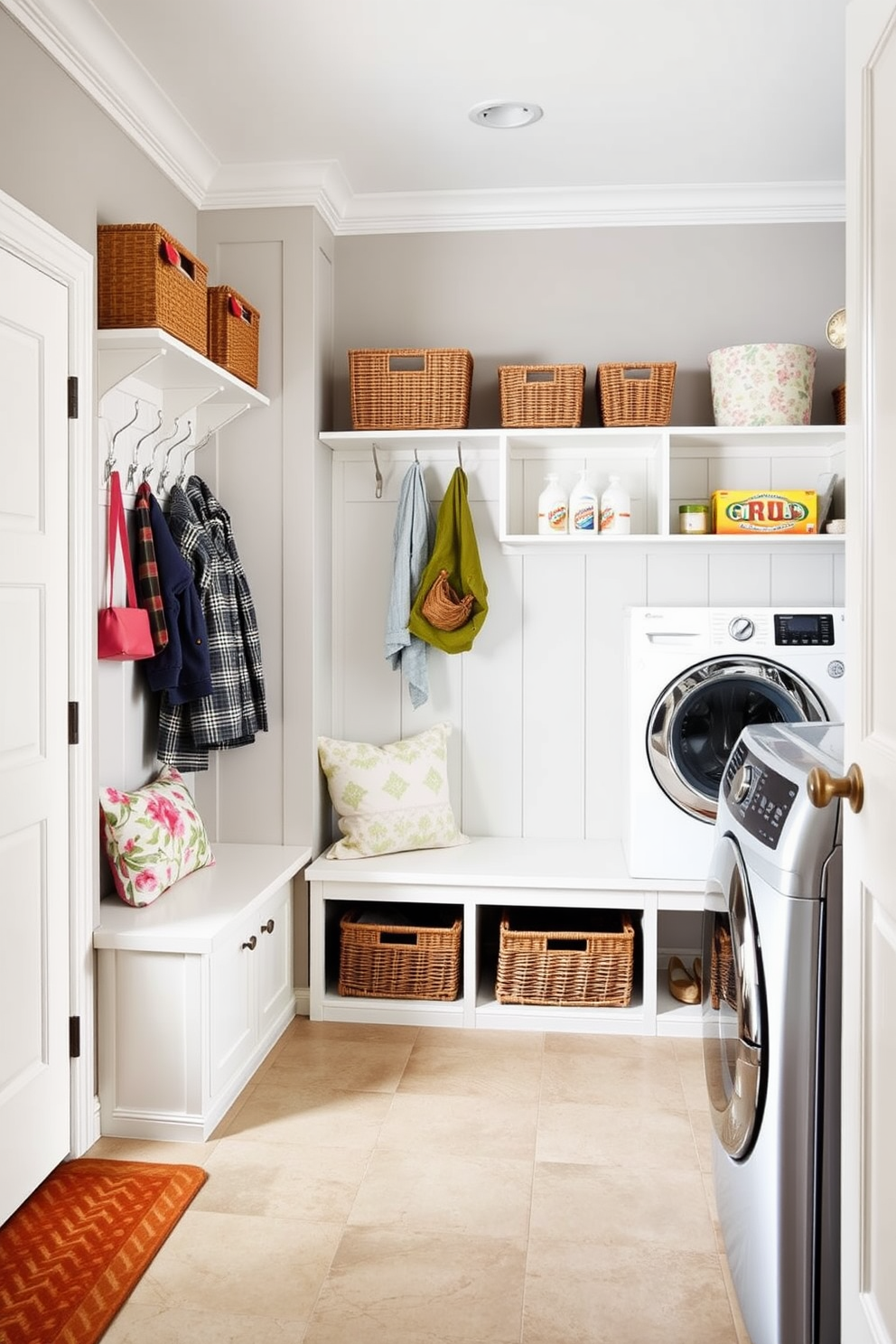 Create a functional mudroom space with built-in storage benches and hooks for coats and bags. The walls are painted a soft gray, and the floor features durable tile that can withstand heavy foot traffic. Spring laundry room decorating ideas include bright pastel colors and floral accents. Incorporate open shelving for easy access to laundry supplies and display decorative baskets for organization.