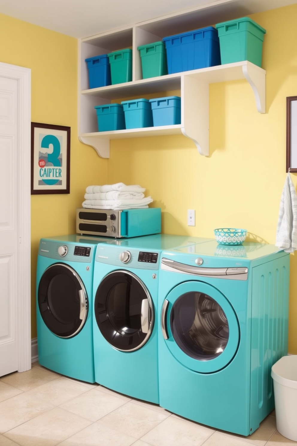 A cheerful laundry room with vibrant colored appliances. The washer and dryer are in bright turquoise, adding a pop of color to the space. The walls are painted in a soft pastel yellow, creating a warm and inviting atmosphere. Open shelving displays neatly folded towels and colorful storage bins, enhancing the playful vibe.