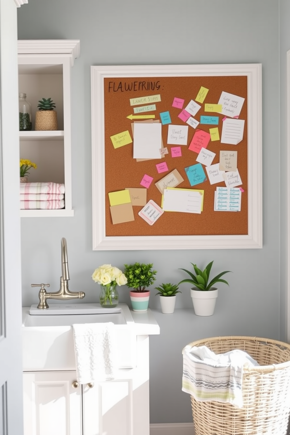 A bright and cheerful laundry room features a large bulletin board mounted on the wall, adorned with colorful notes and reminders. The space is filled with natural light, showcasing white cabinetry and a farmhouse sink with a brushed nickel faucet. Fresh spring decor accents the room, including pastel-colored towels neatly folded on open shelves. Potted plants add a touch of greenery, while a stylish laundry basket sits in the corner, completing the inviting atmosphere.