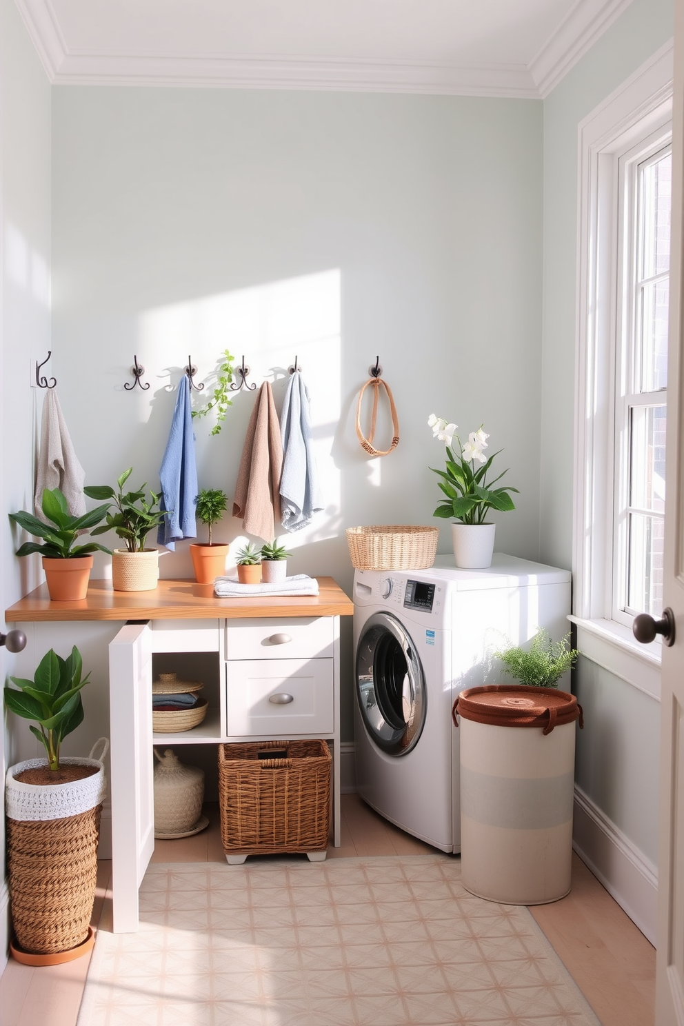 A bright and airy laundry room features soft pastel walls and ample natural light streaming in through a large window. The space includes a stylish wooden countertop for folding clothes and decorative hooks mounted on the wall for hanging freshly laundered items. A vintage-inspired laundry basket sits in the corner, while potted plants add a touch of greenery to the room. The floor is adorned with a cheerful patterned rug, creating a welcoming atmosphere perfect for spring.